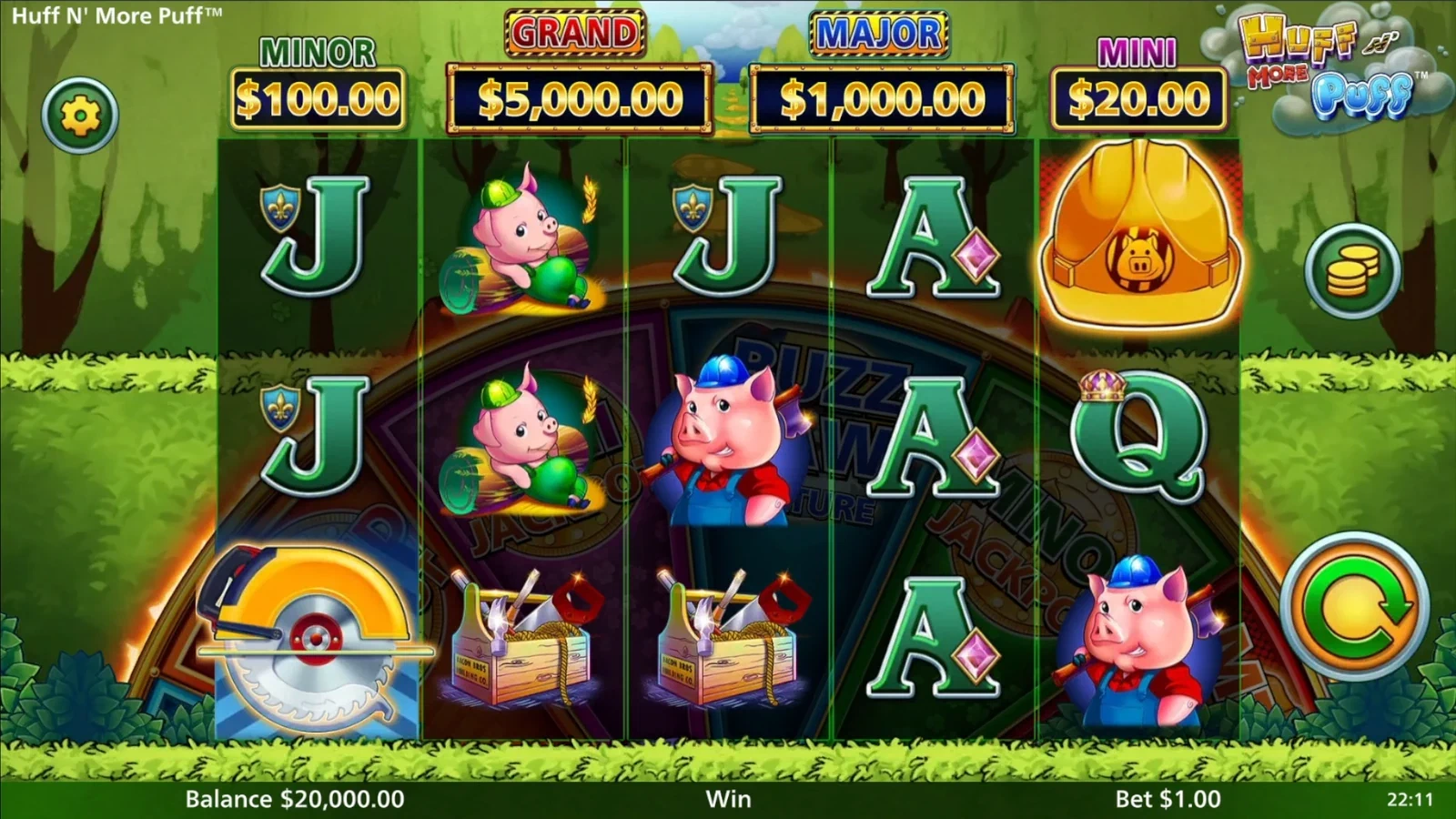 Huff N More Puff base game with five reels and jackpot display